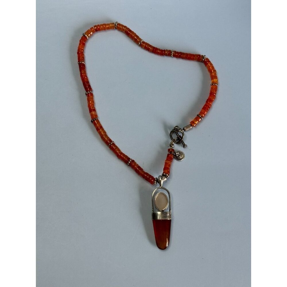 925 Sterling Silver Carnelian Beaded Moonstone Opal Pendant Necklace 15" - Picture 3 of 7